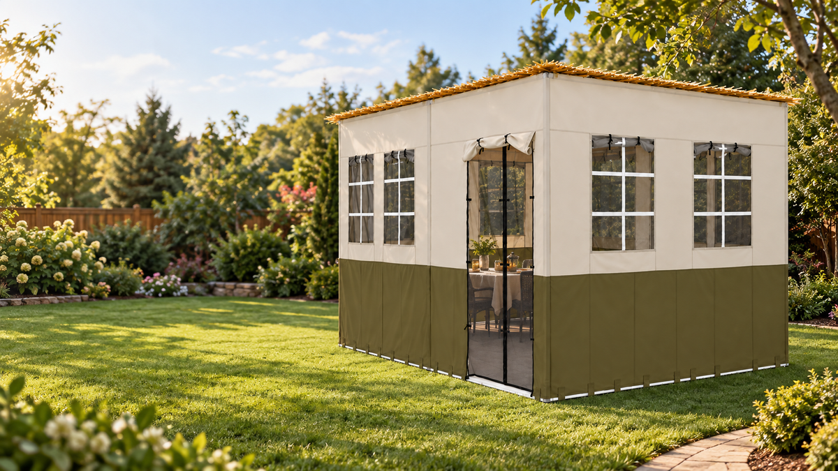 Sukkah with bamboo schach in a sunny backyard