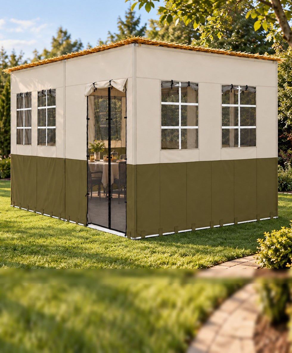 Sukkah with bamboo schach in a sunny backyard