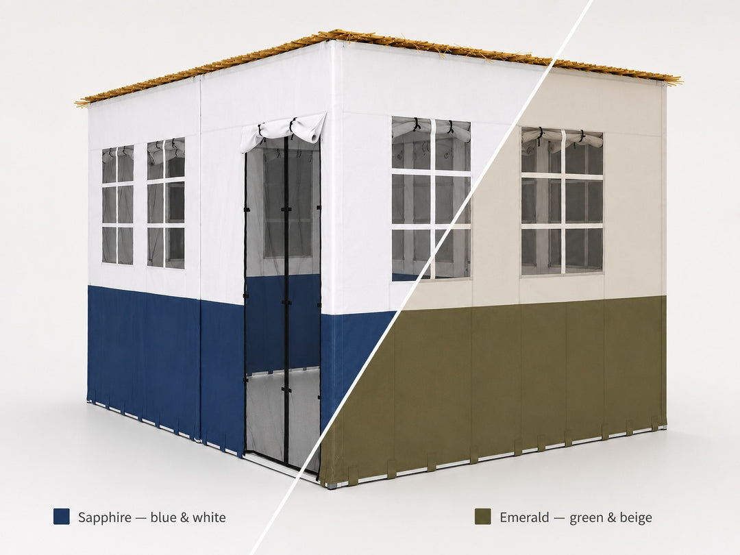 Jewel Series Sukkah in Sapphire (blue & white) and Emerald (green & beige)